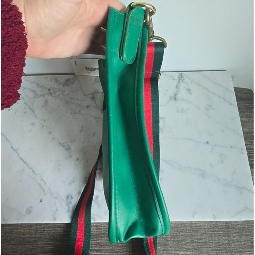 Ahdorned NEW Green Vegan Leather Stripe Crossbody Strap Messanger Bag Preppy - Picture 5 of 10